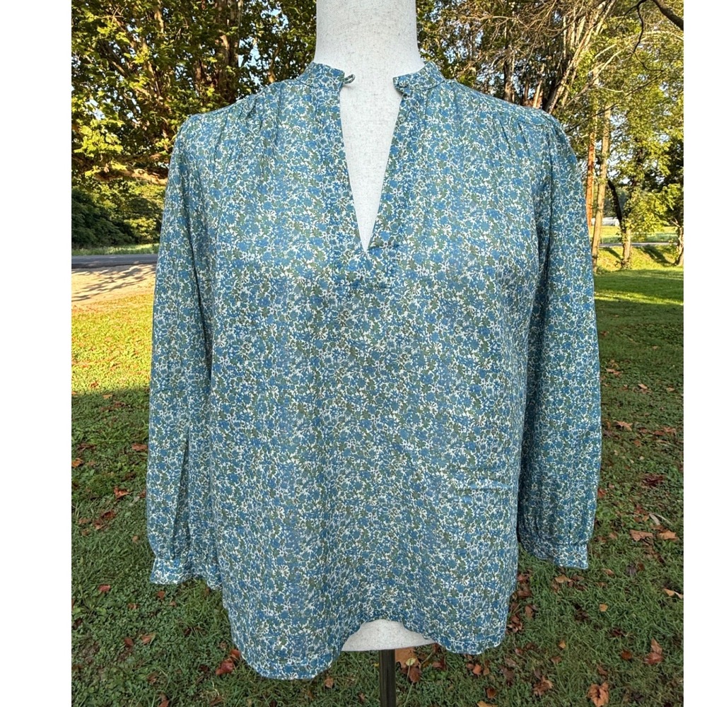 Birds of Paradis by Trovata Blue Floral Cotton V-Neck Blouse Extra Small Ditsy